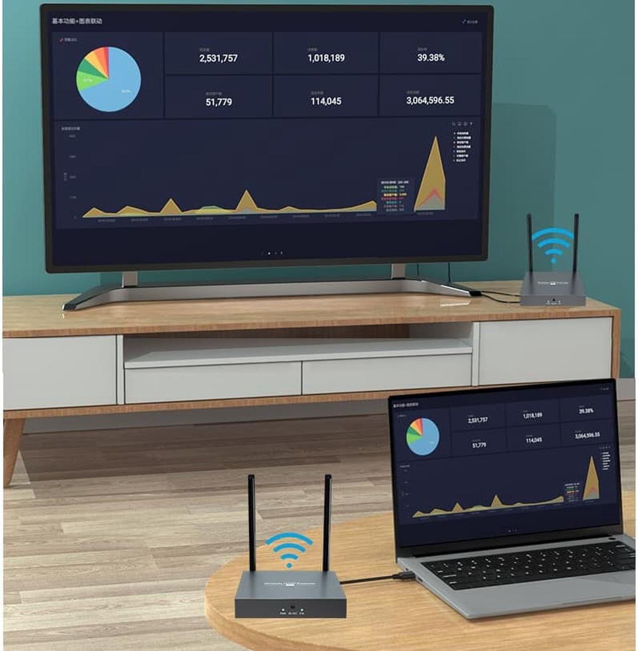 Alt view image 6 of 7 - (1 SENDER and 4 RECEIVERS Kit) Up to 656Ft,H.264 Wireless 1080P@60Hz Video Extender with Local Pass-through HDMI Loop-out Transmitter 4 Receivers Kit 200m with IR remote