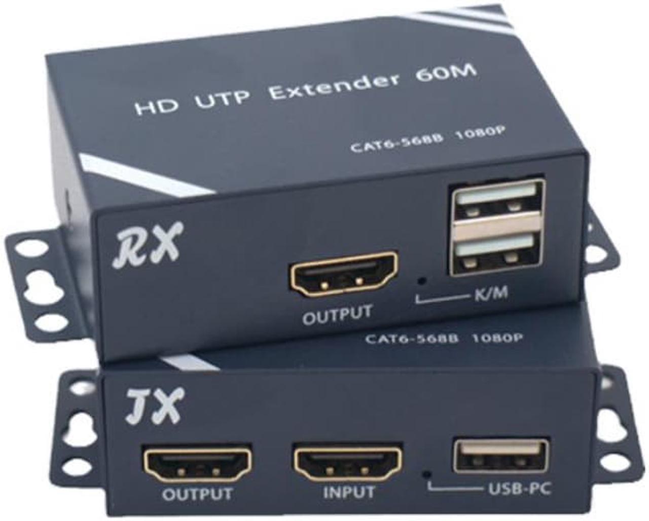 197Ft / 60M POC HDMI USB KVM Extender 1080P@60Hz with Local HDMI Loop-out Transmitter and Receiver kit with RJ45 LAN Interface CAT6 Signal Network Cable Repeater Video Audio For HDTV DVD PS3 Projector