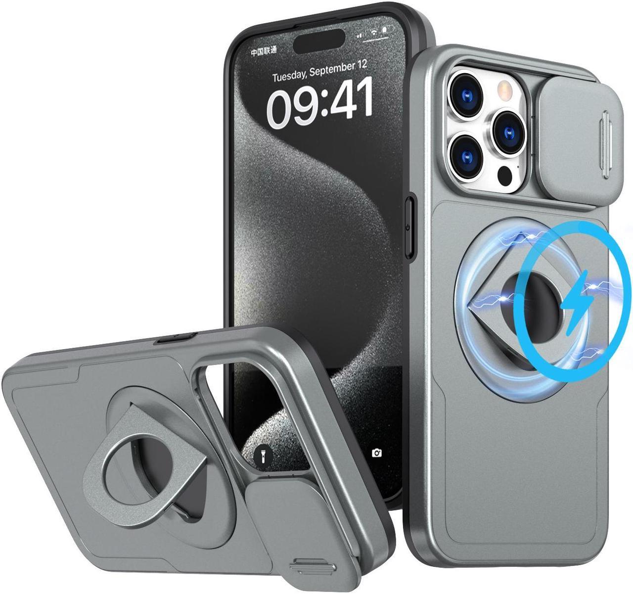 Fashion Case with Stander Wireless Charging Supported Case For iPhone 15 Pro Max (Gray)