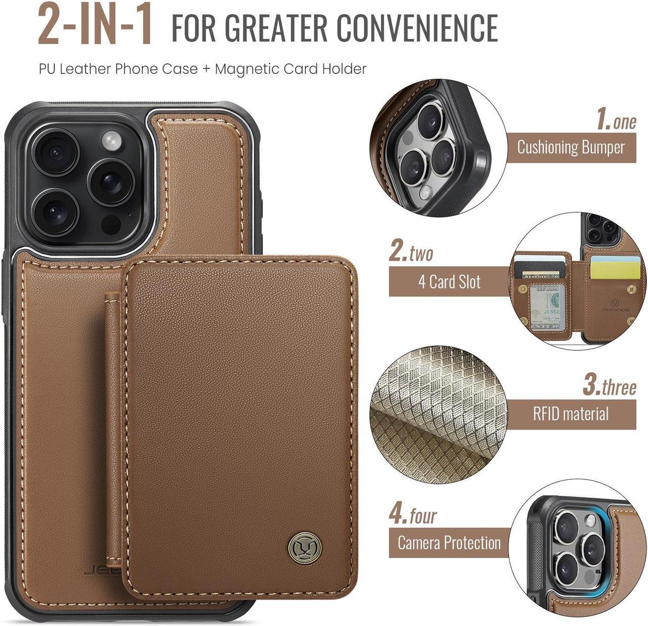 TYJKeJi Case With Card Holder Cover Detachable Case For iPhone 15 Pro Max (Brown)