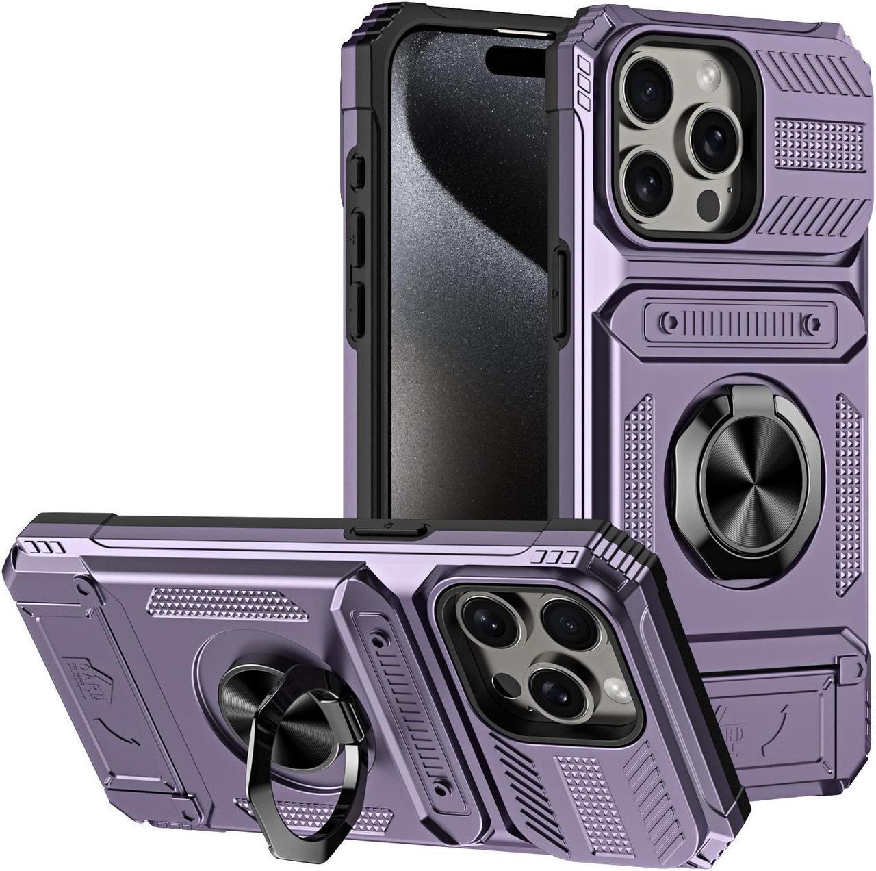 TYJKeJi Case with Card Holder Impact Resistant Ring Kickstand Shockproof Phone Cover Phone Case For iPhone 15 Pro (Purple)