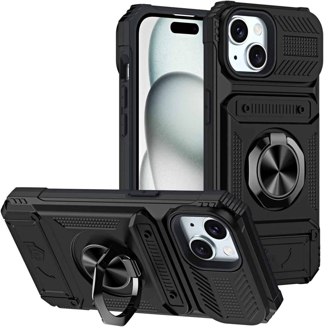 TYJKeJi Case with Card Holder Impact Resistant Ring Kickstand Shockproof Phone Cover Phone Case For iPhone 15 (Black)