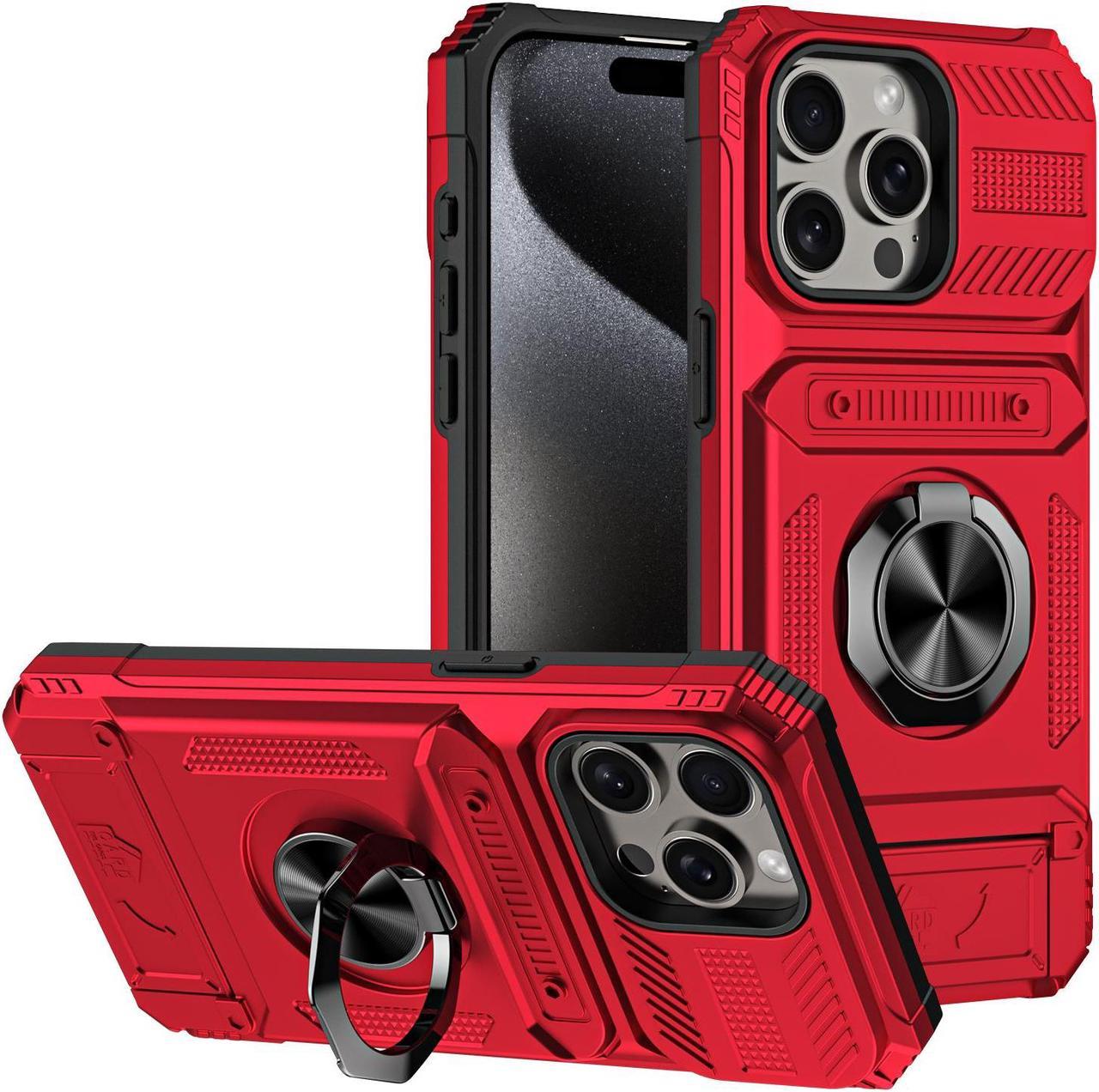 TYJKeJi Case with Card Holder Impact Resistant Ring Kickstand Shockproof Phone Cover Phone Case For iPhone 14 Pro (Red)