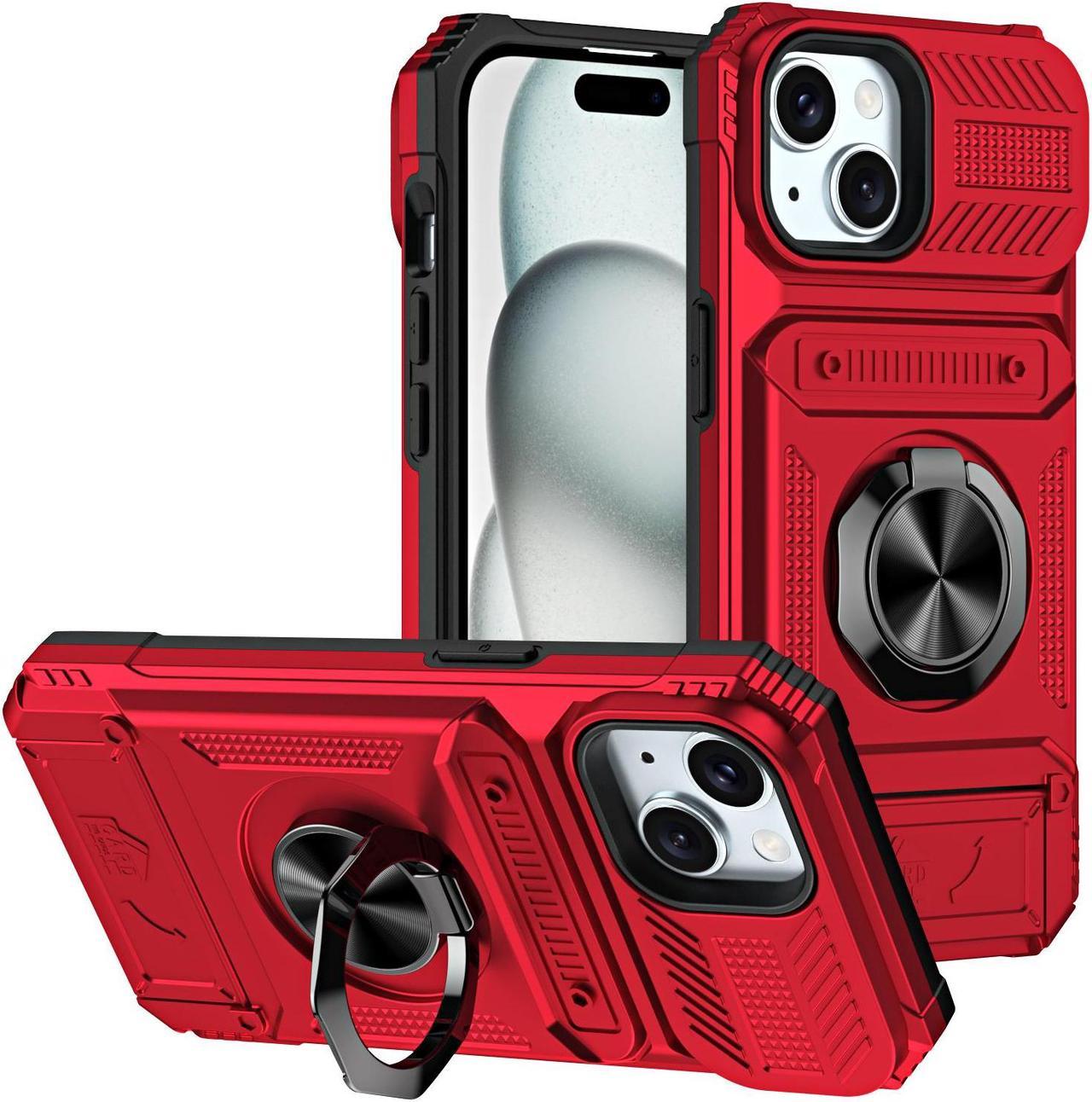 TYJKeJi Case with Card Holder Impact Resistant Ring Kickstand Shockproof Phone Cover Phone Case For iPhone 15 Plus (Black) Red