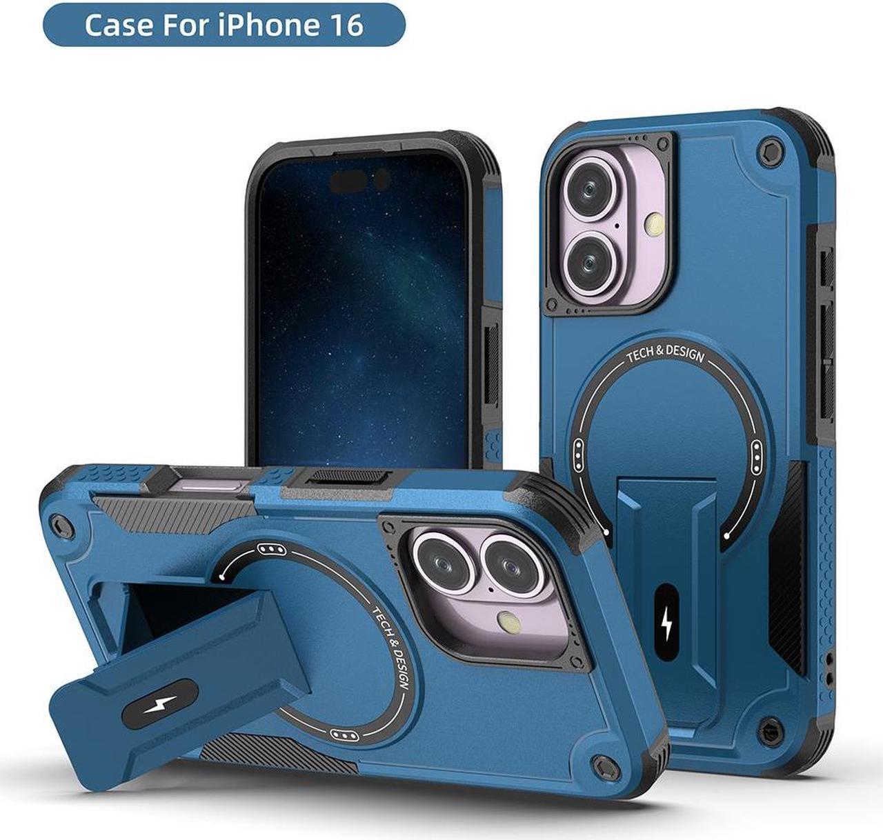 TYJKeJi Case with Stander Fashion Cover (Compatible with Magsafe) KickStand Case For iPhone 16 (6.1inch) (Blue)