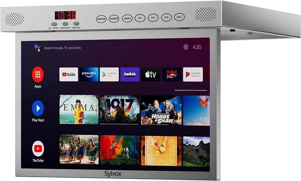 Main image of SYLVOX 15.6" Flip Down Smart TV Under Cabinet Kitchen TV Android 11.0 Supports 360 Degree Rotation WiFi & Wireless Connection, Storage Design for Kitchen Bedroom RV Yacht (Silver),Black