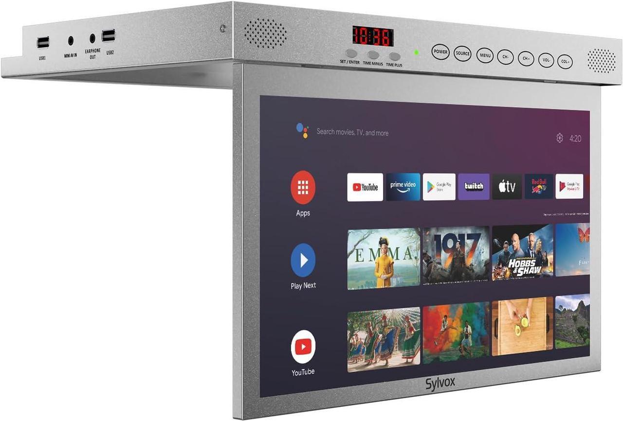 Alt view image 3 of 7 - SYLVOX 15.6" Flip Down Smart TV Under Cabinet Kitchen TV Android 11.0 Supports 360 Degree Rotation WiFi & Wireless Connection, Storage Design for Kitchen Bedroom RV Yacht (Silver),Black