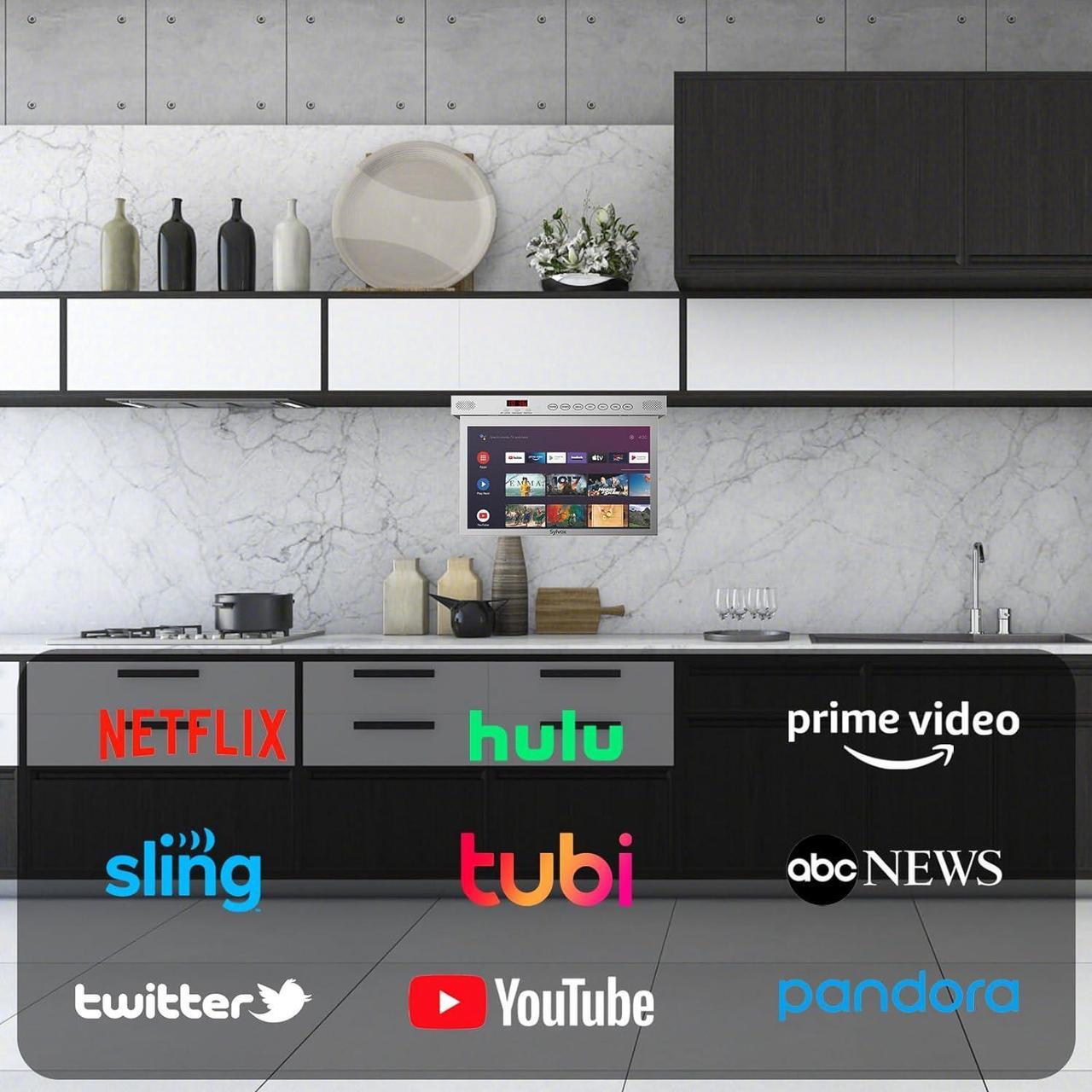 Alt view image 5 of 7 - SYLVOX 15.6" Flip Down Smart TV Under Cabinet Kitchen TV Android 11.0 Supports 360 Degree Rotation WiFi & Wireless Connection, Storage Design for Kitchen Bedroom RV Yacht (Silver),Black
