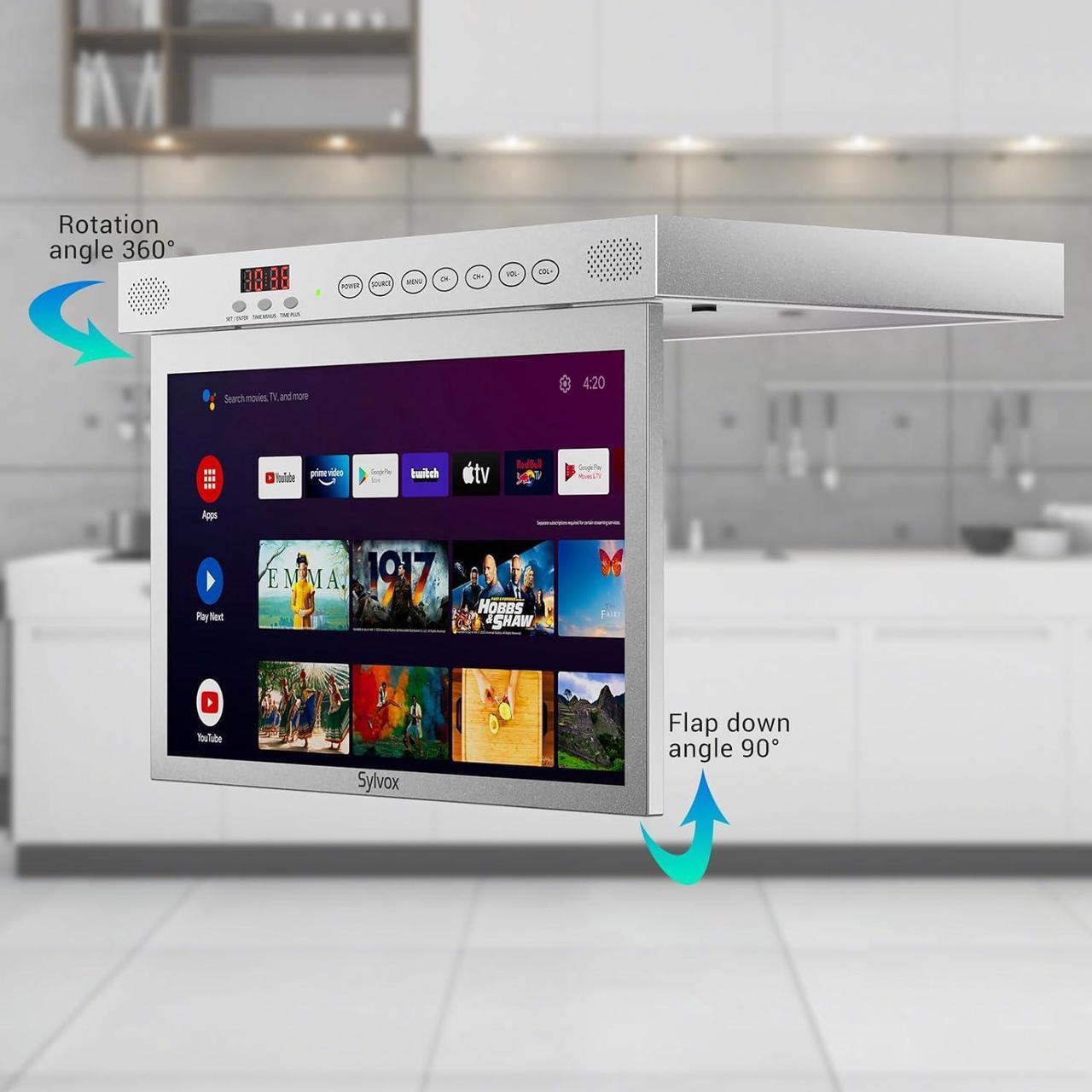 Alt view image 7 of 7 - SYLVOX 15.6" Flip Down Smart TV Under Cabinet Kitchen TV Android 11.0 Supports 360 Degree Rotation WiFi & Wireless Connection, Storage Design for Kitchen Bedroom RV Yacht (Silver),Black