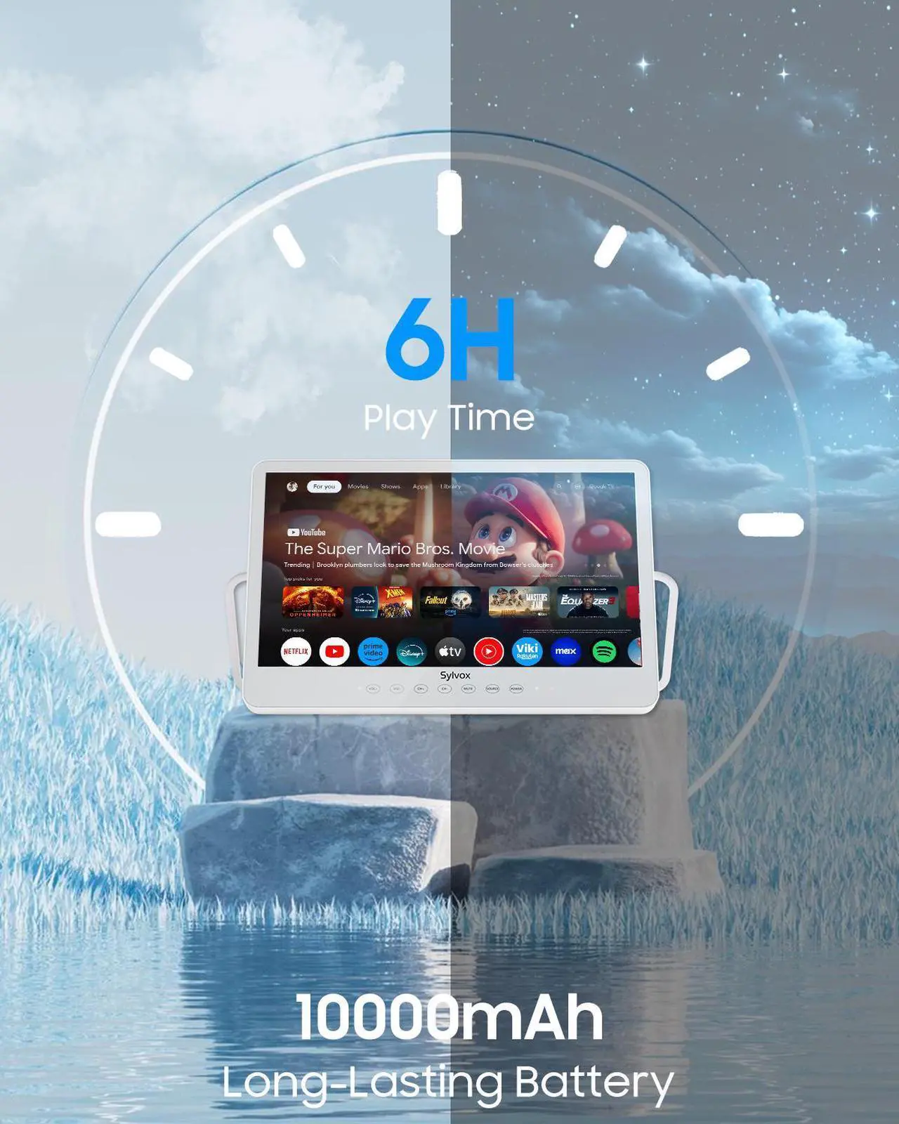 Alt view image 5 of 7 - SYLVOX 15.6'' Portable TV, IP66 Waterproof, 1080P Small Smart Television with Premium Sound and Google Assistant Remote | 4.5-6H Battery, 10000mAh Battery-Powered TV for Kitchen, Camper (NEW)
