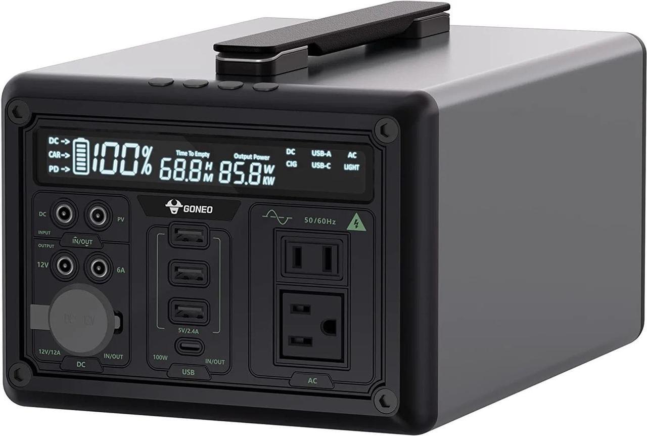 Main image of GONEO Portable Power Station, 607Wh Backup Lithium Battery with 110V/600W AC Outlet, Fanless Design, 5dB Low Noise, 6.5 inch LED Panel Solar Generator for home, Fishing, RV, Camping-2 year warranty