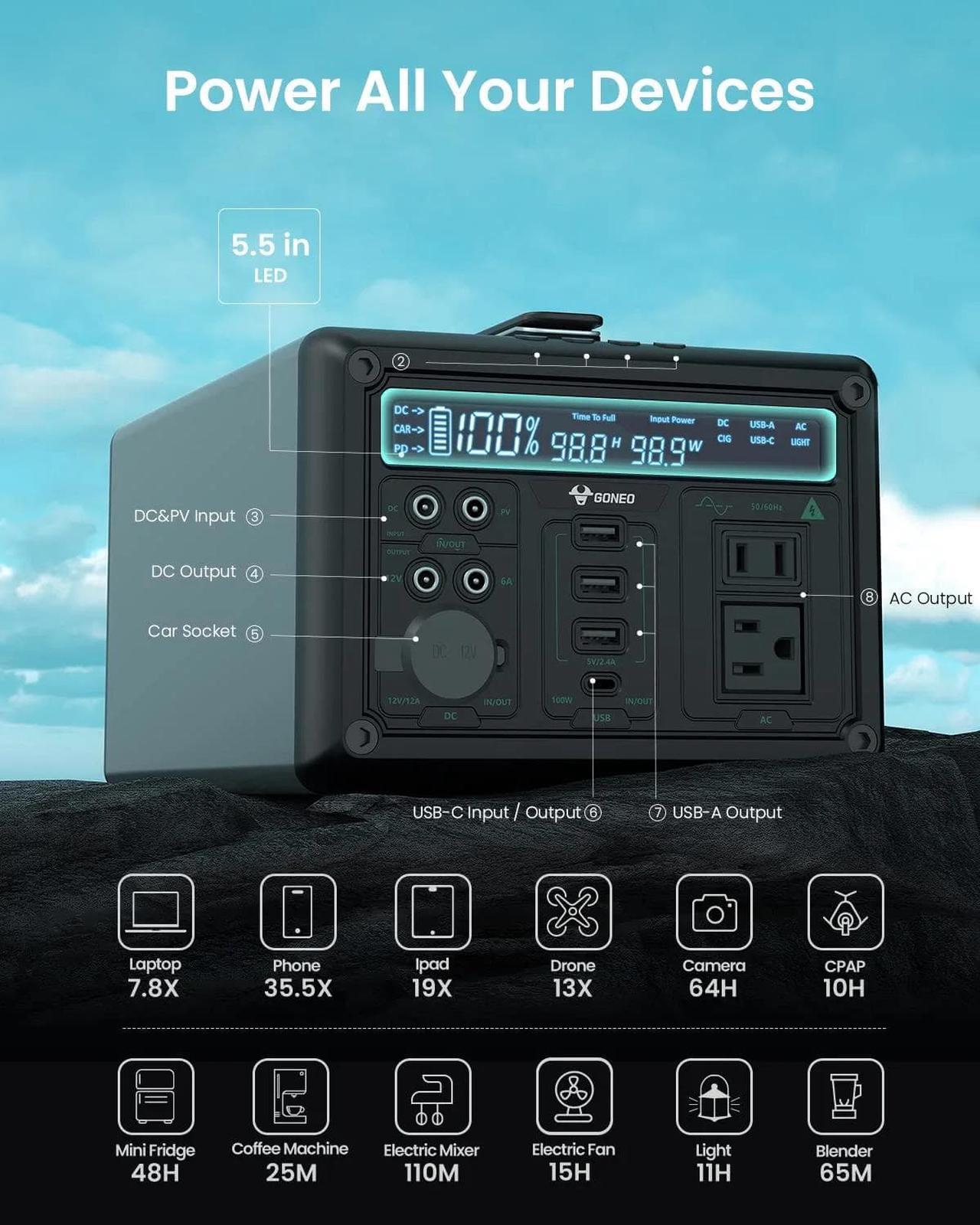 Alt view image 7 of 7 - GONEO Portable Power Station, 607Wh Backup Lithium Battery with 110V/600W AC Outlet, Fanless Design, 5dB Low Noise, 6.5 inch LED Panel Solar Generator for home, Fishing, RV, Camping-2 year warranty