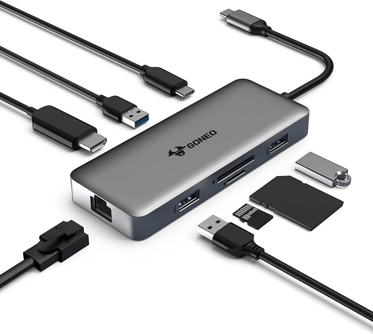 Main image of GONEO 8-in-1 USB C Hub, USB C Docking Station Multiport USB C Adapter with 4K HDMI Port, 3 USB Ports, SD/TF Card Reader, Ethernet Port for Dell/MacBook Pro/HP XPS/Lenovo Laptops