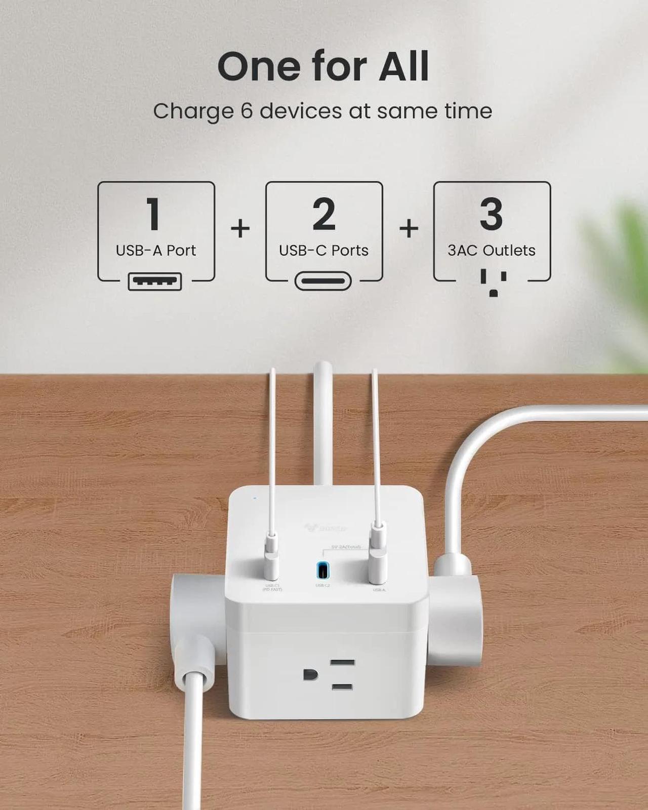 Alt view image 3 of 7 - GONEO USB C Power Strip 30W,Charging Station with 3 Outlets,2 USB C Ports,5ft Flat Extension Cord,Power Cube for iPhone 14/13/12/11/iWatch/iPad,Travel Cruise Apartment College Dorm Room Essentials
