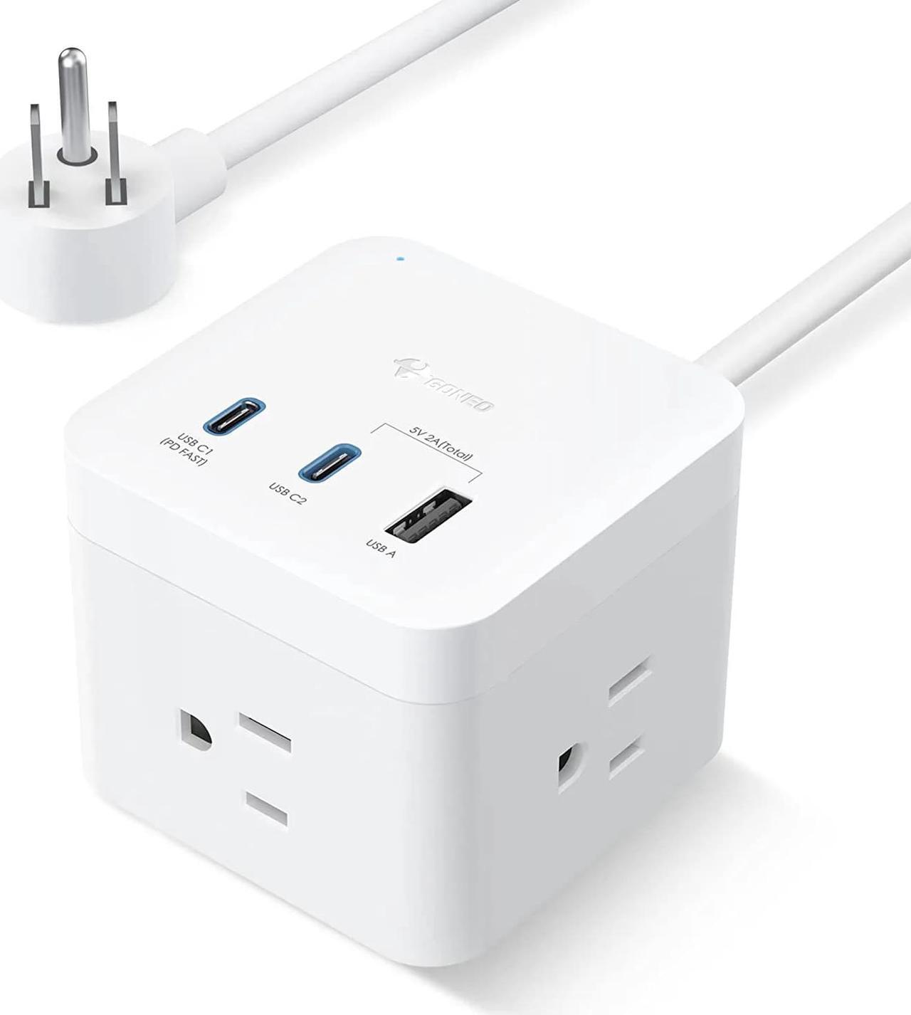 Main image of GONEO USB C Power Strip 30W,Charging Station with 3 Outlets,2 USB C Ports,5ft Flat Extension Cord,Power Cube for iPhone 14/13/12/11/iWatch/iPad,Travel Cruise Apartment College Dorm Room Essentials