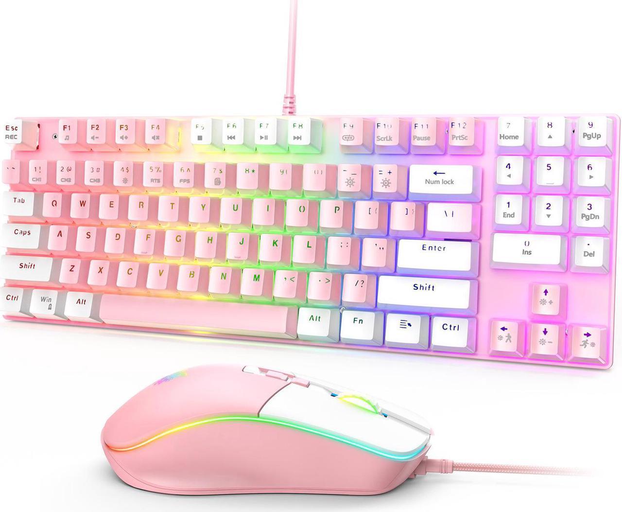 NewStyp Cute Pink Girls Boys G26 Wired 89-keys Mechanical Keyboard Mouse Set USB Interface Backlit Keyboard for Gaming Office Dedicated