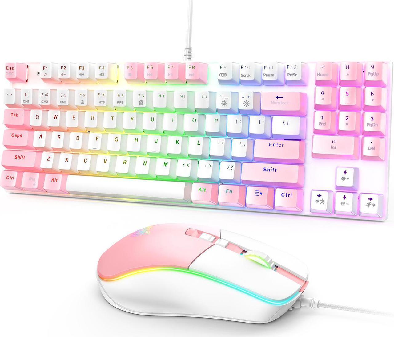 NewStyp Cute Pink Girls Boys G26 Wired 89-keys Mechanical Keyboard Mouse Set USB Interface Backlit Keyboard for Gaming Office Dedicated white / pink