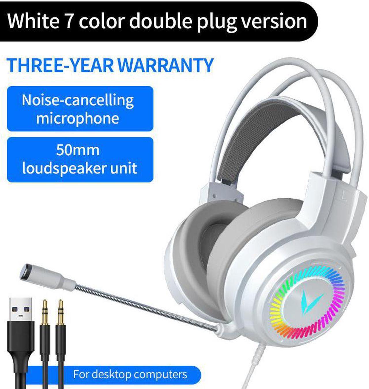 NewStyp Gaming Headsets Gamer Headphones Surround Sound Stereo Wired Earphones USB Microphone Colourful Light PC Laptop Game Headset White