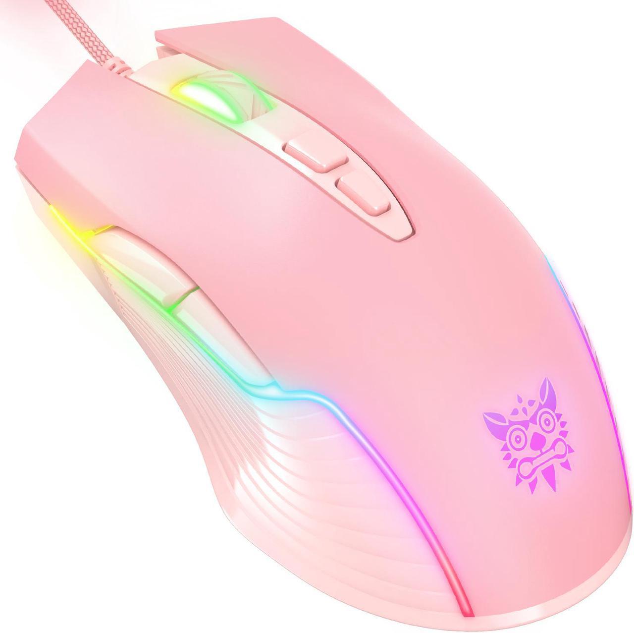 NewStyp Cute RGB 6400 DPI Wired Gaming Mouse Breathing LED Optical USB 7 Buttons Gamer Computer Pink Mice for Laptop PC Desktop Pink