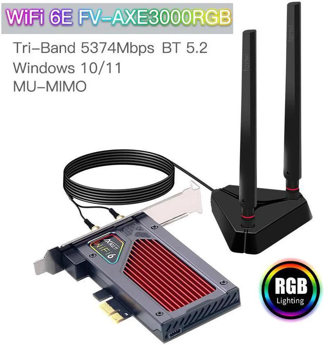 Main image of FV-AXE3000RGB Gaming wifi card Wifi 6E AX210 AX210NGW PCI-E x1 WiFi Adapter Intel AX210NGW Chipset PCIe WiFi Bluetooth 5.2 Card Wireless Network Card with RGB lighting for Desktop Windows 10/11(64bit)
