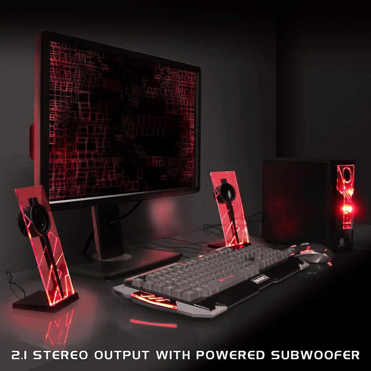 Alt view image 4 of 7 - BassPULSE 2.1 Computer Speakers with Blue LED Glow Lights and Powered Subwoofer - Gaming Speaker System for Music on Desktop, Laptop, PC with 40 Watts, Heavy Bass Red