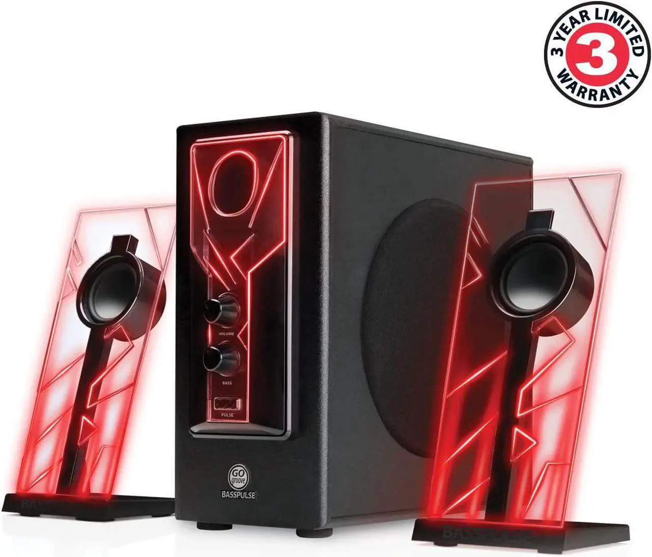 Alt view image 3 of 7 - BassPULSE 2.1 Computer Speakers with Blue LED Glow Lights and Powered Subwoofer - Gaming Speaker System for Music on Desktop, Laptop, PC with 40 Watts, Heavy Bass Red