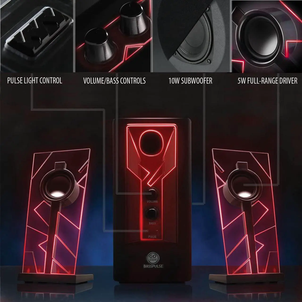 Alt view image 5 of 7 - BassPULSE 2.1 Computer Speakers with Blue LED Glow Lights and Powered Subwoofer - Gaming Speaker System for Music on Desktop, Laptop, PC with 40 Watts, Heavy Bass Red