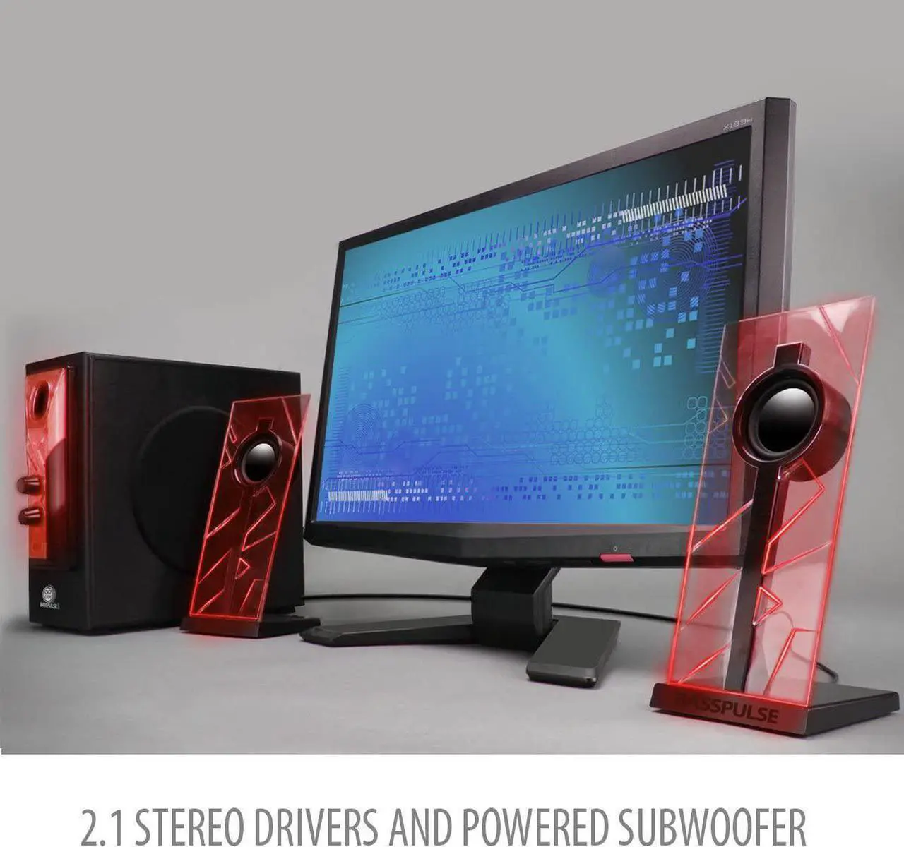 Alt view image 6 of 7 - BassPULSE 2.1 Computer Speakers with Blue LED Glow Lights and Powered Subwoofer - Gaming Speaker System for Music on Desktop, Laptop, PC with 40 Watts, Heavy Bass Red