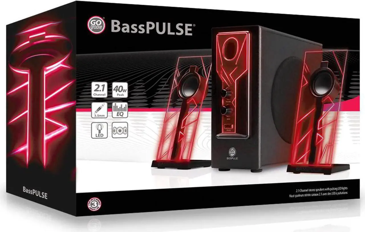 Alt view image 7 of 7 - BassPULSE 2.1 Computer Speakers with Blue LED Glow Lights and Powered Subwoofer - Gaming Speaker System for Music on Desktop, Laptop, PC with 40 Watts, Heavy Bass Red