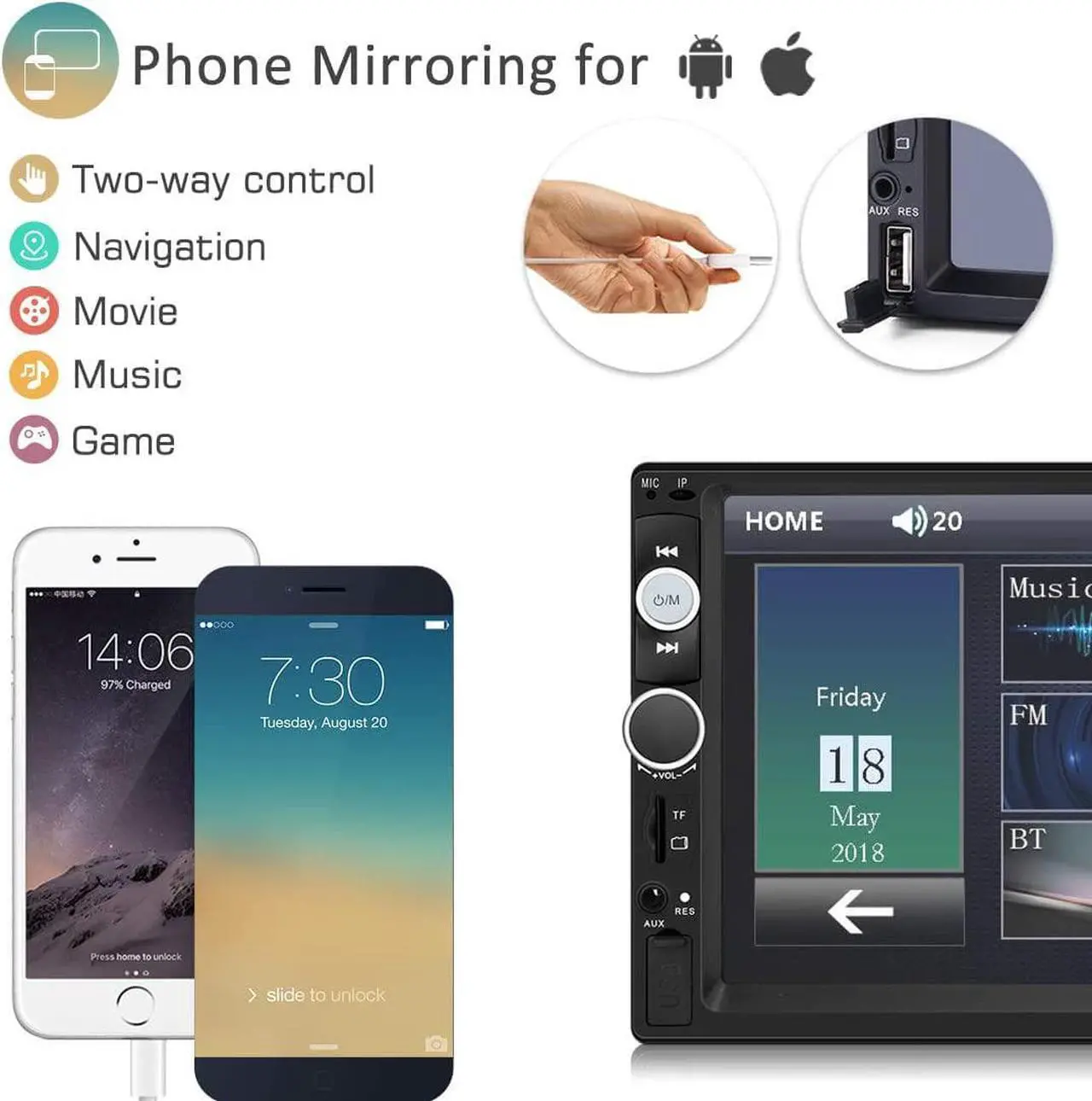 Alt view image 2 of 5 - Double Din Car Stereo in Dash, FM Receiver with Remote, Car MP5 Media Player with 7inch Digital Resistive Touch Screen,Bluetooth Car Audio Mirror Link Monitor for Android