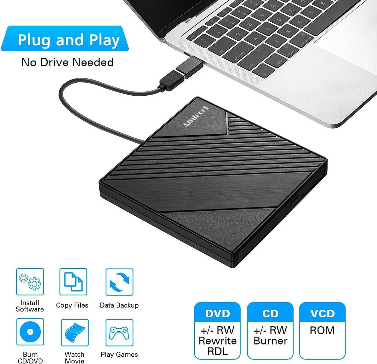 Alt view image 2 of 7 - External DVD Drive USB 3.0 USB C CD Burner Amicool CD/DVD +/-RW Optical Drive,Slim Portable DVD CD ROM Rewriter Writer Duplicator for Laptop Desktop PC Windows 10/8/7 MacBook Mac Linux OS Apple