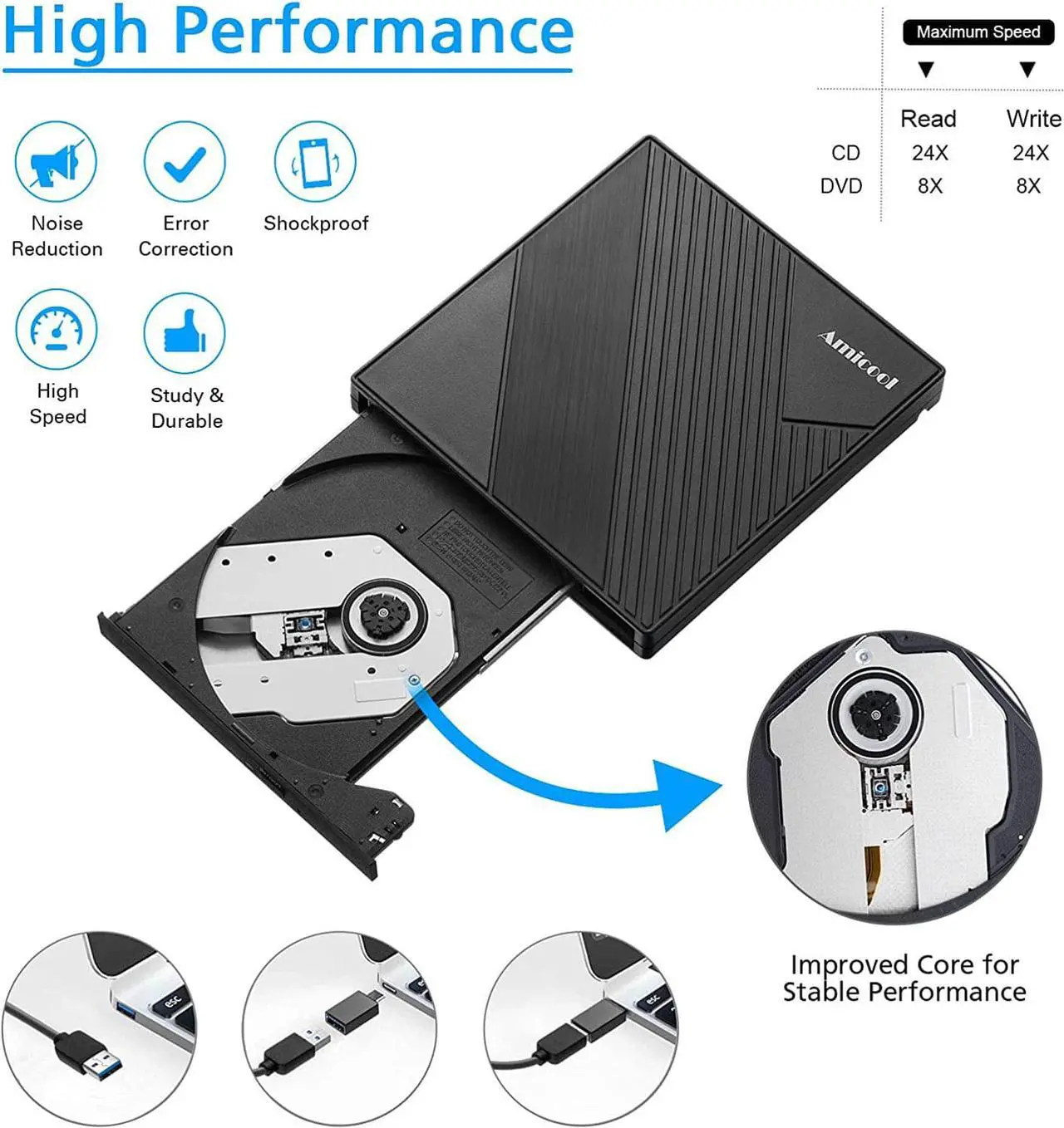 Alt view image 4 of 7 - External DVD Drive USB 3.0 USB C CD Burner Amicool CD/DVD +/-RW Optical Drive,Slim Portable DVD CD ROM Rewriter Writer Duplicator for Laptop Desktop PC Windows 10/8/7 MacBook Mac Linux OS Apple