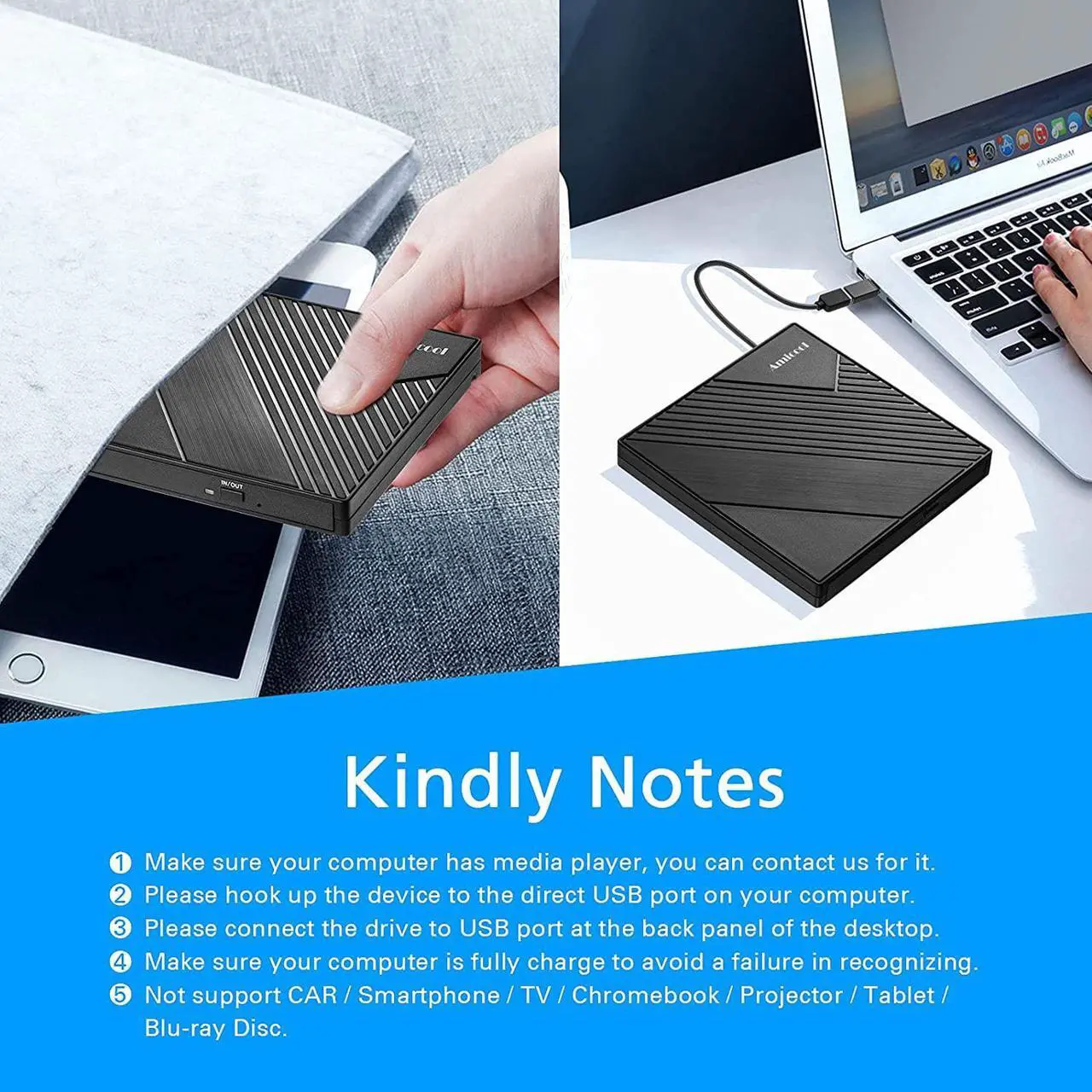 Alt view image 5 of 7 - External DVD Drive USB 3.0 USB C CD Burner Amicool CD/DVD +/-RW Optical Drive,Slim Portable DVD CD ROM Rewriter Writer Duplicator for Laptop Desktop PC Windows 10/8/7 MacBook Mac Linux OS Apple