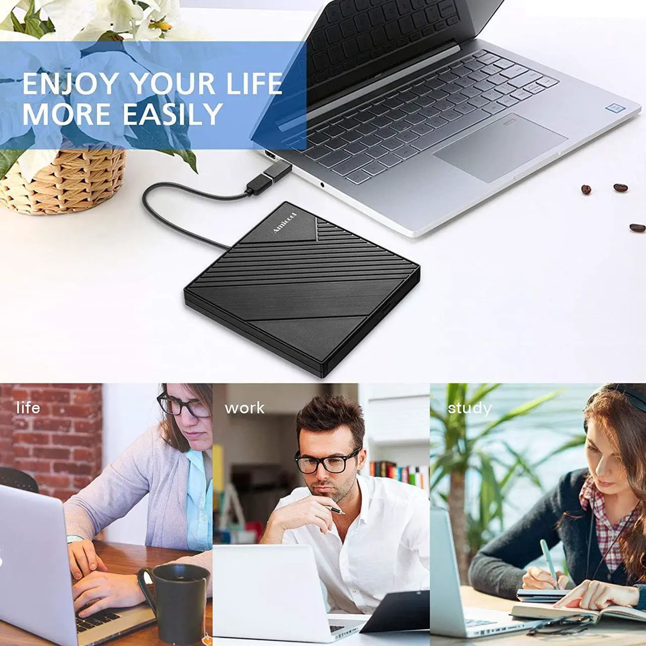 Alt view image 6 of 7 - External DVD Drive USB 3.0 USB C CD Burner Amicool CD/DVD +/-RW Optical Drive,Slim Portable DVD CD ROM Rewriter Writer Duplicator for Laptop Desktop PC Windows 10/8/7 MacBook Mac Linux OS Apple