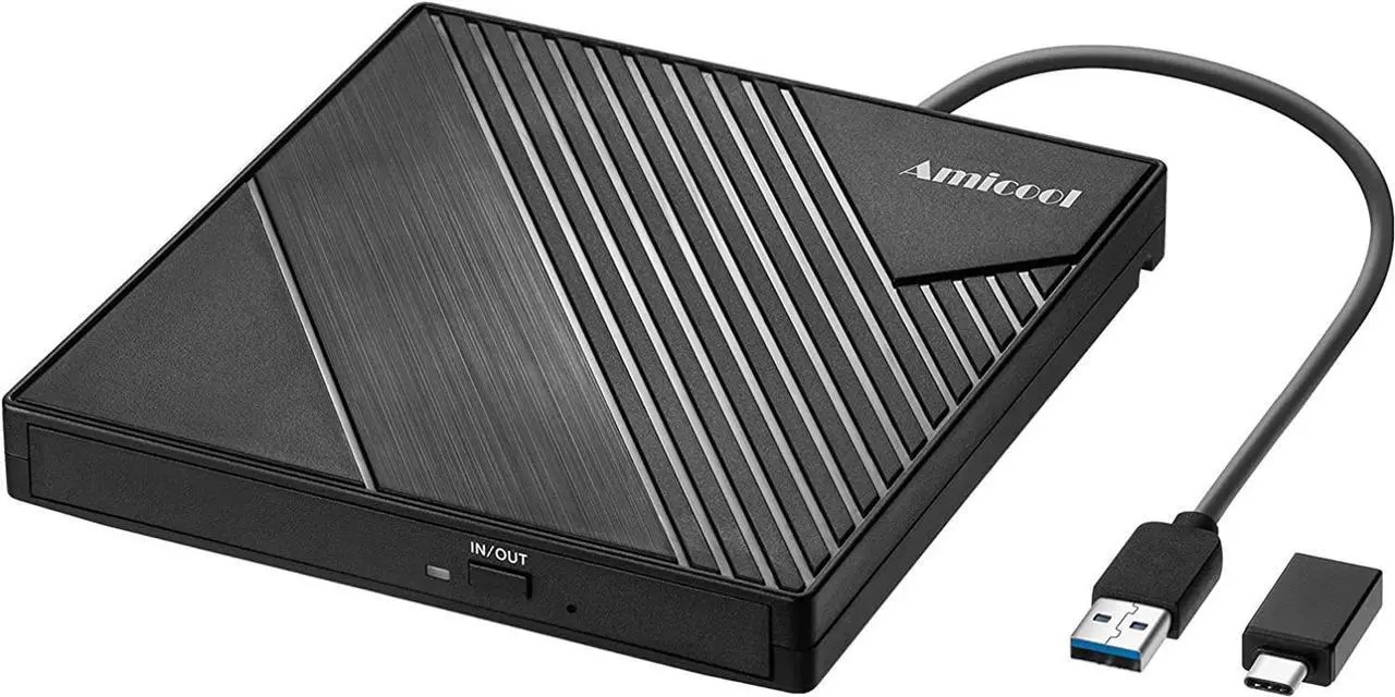 Main image of External DVD Drive USB 3.0 USB C CD Burner Amicool CD/DVD +/-RW Optical Drive,Slim Portable DVD CD ROM Rewriter Writer Duplicator for Laptop Desktop PC Windows 10/8/7 MacBook Mac Linux OS Apple