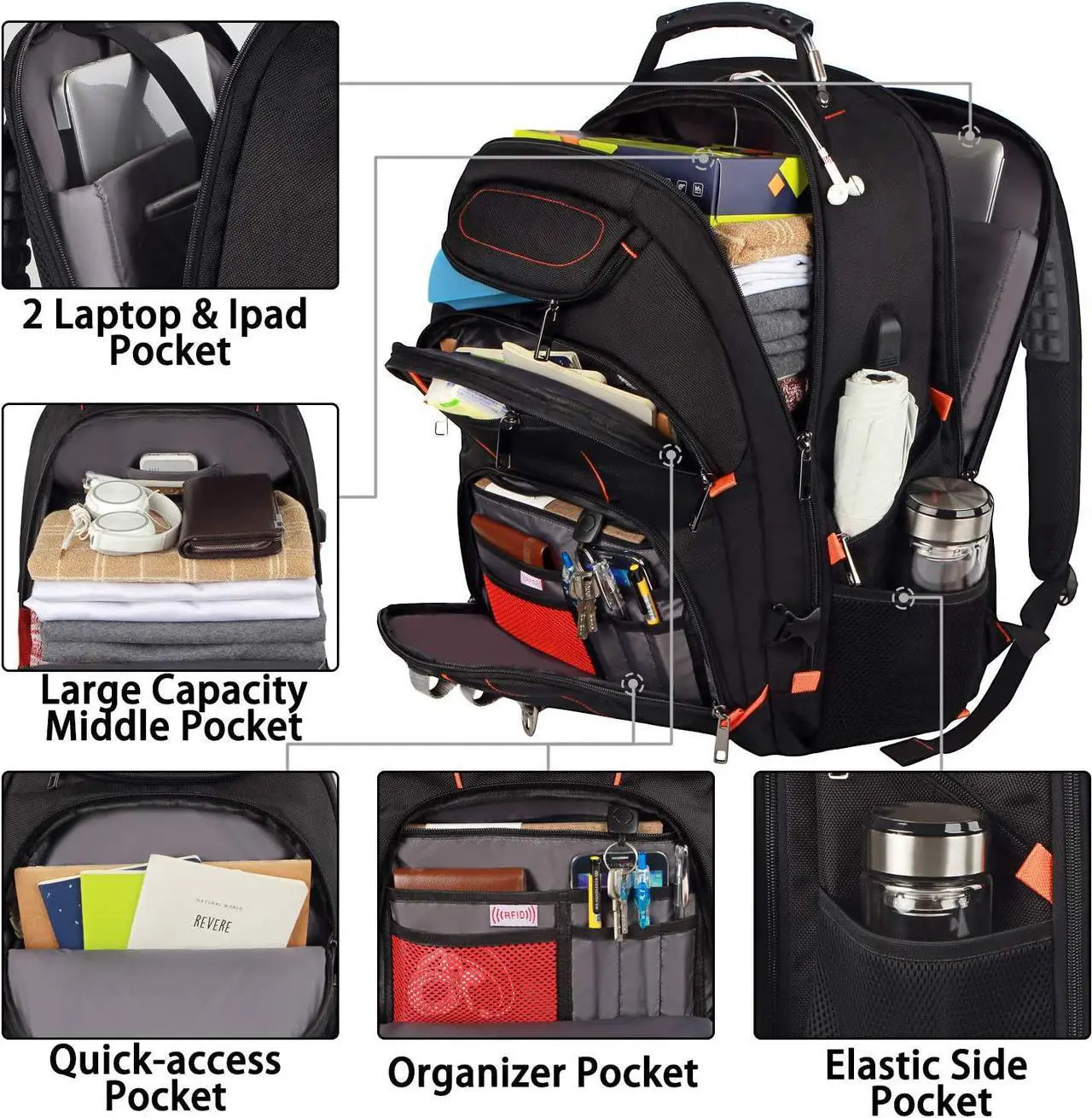 Alt view image 2 of 7 - Travel Laptop Backpack,Extra Large 18.4 inch Gaming Laptop Backpacks with USB Charging Port,Big Capacity TSA Friendly RFID Anti Theft Pocket Durable College School Heavy Duty Computer Bookbag for Men