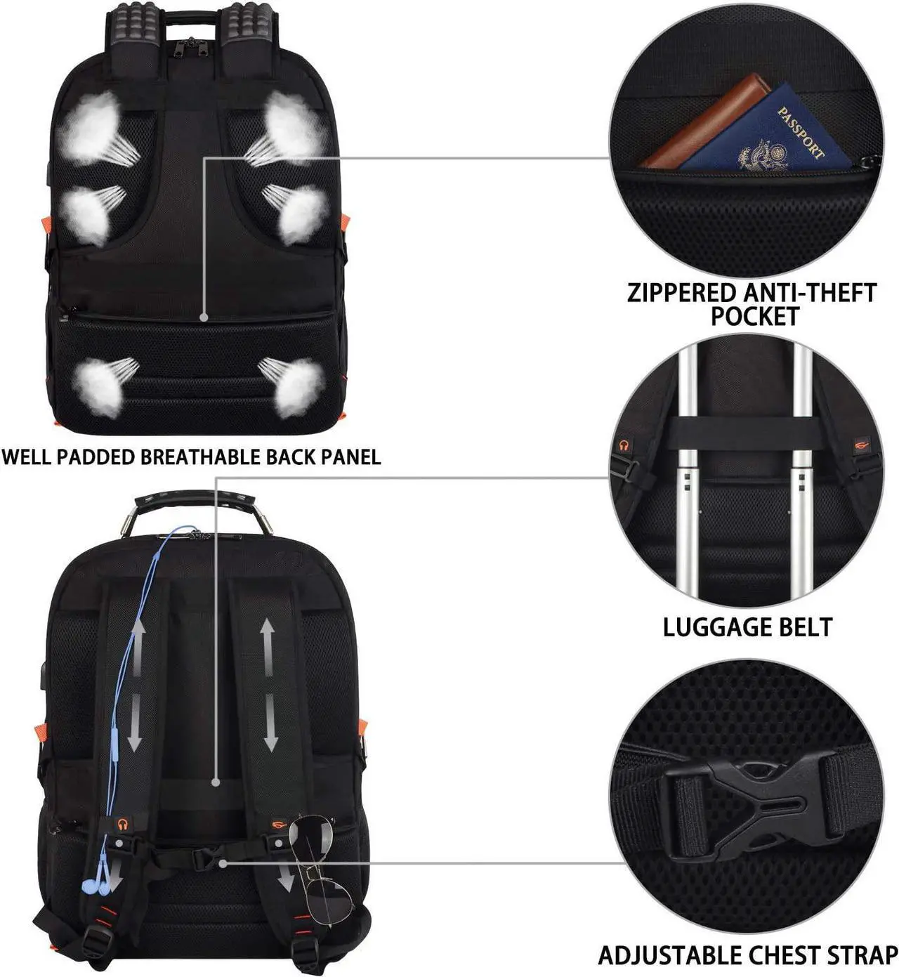 Alt view image 6 of 7 - Travel Laptop Backpack,Extra Large 18.4 inch Gaming Laptop Backpacks with USB Charging Port,Big Capacity TSA Friendly RFID Anti Theft Pocket Durable College School Heavy Duty Computer Bookbag for Men