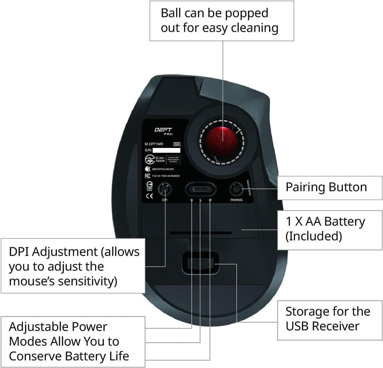 Alt view image 7 of 7 - Deft Pro Wired / Wireless / Bluetooth Finger-Operated Trackball Mouse, Ergonomic Design, 8-Button Function with Smooth Tracking, Precision Optical Gaming Sensor, Windows / Mac (M-DPT1MRXBK)