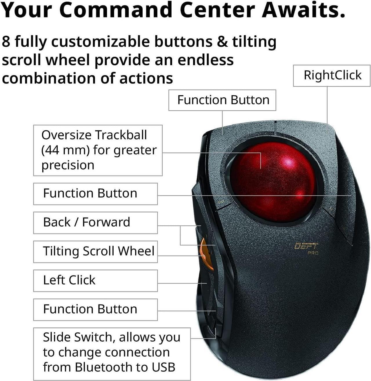Alt view image 6 of 7 - Deft Pro Wired / Wireless / Bluetooth Finger-Operated Trackball Mouse, Ergonomic Design, 8-Button Function with Smooth Tracking, Precision Optical Gaming Sensor, Windows / Mac (M-DPT1MRXBK)