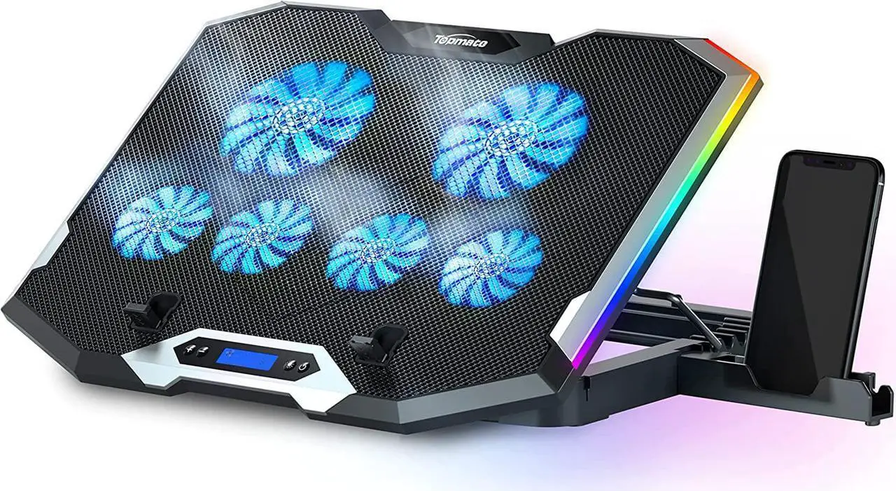 Main image of RGB Gaming Notebook Cooler, Laptop Fan Stand Adjustable Height with 6 Quiet Fans and Phone Holder, Computer Chill Mat, for 15.6-17.3 Inch Laptops - Blue LED Light