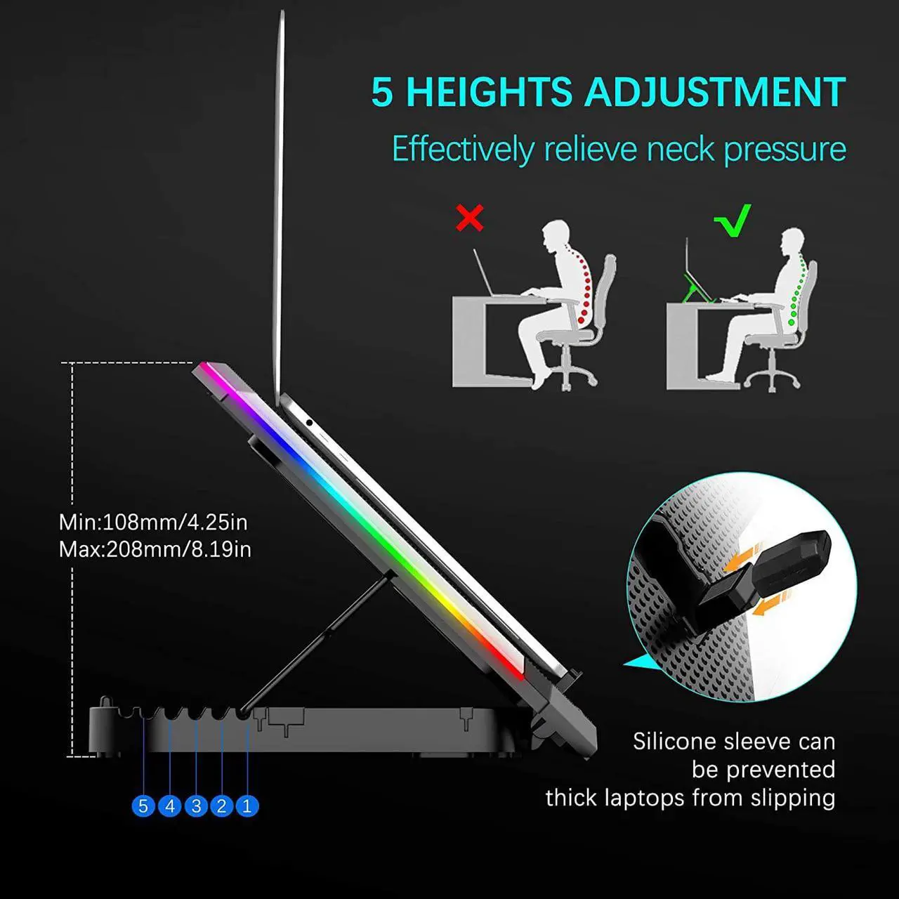 Alt view image 3 of 6 - RGB Gaming Notebook Cooler, Laptop Fan Stand Adjustable Height with 6 Quiet Fans and Phone Holder, Computer Chill Mat, for 15.6-17.3 Inch Laptops - Blue LED Light