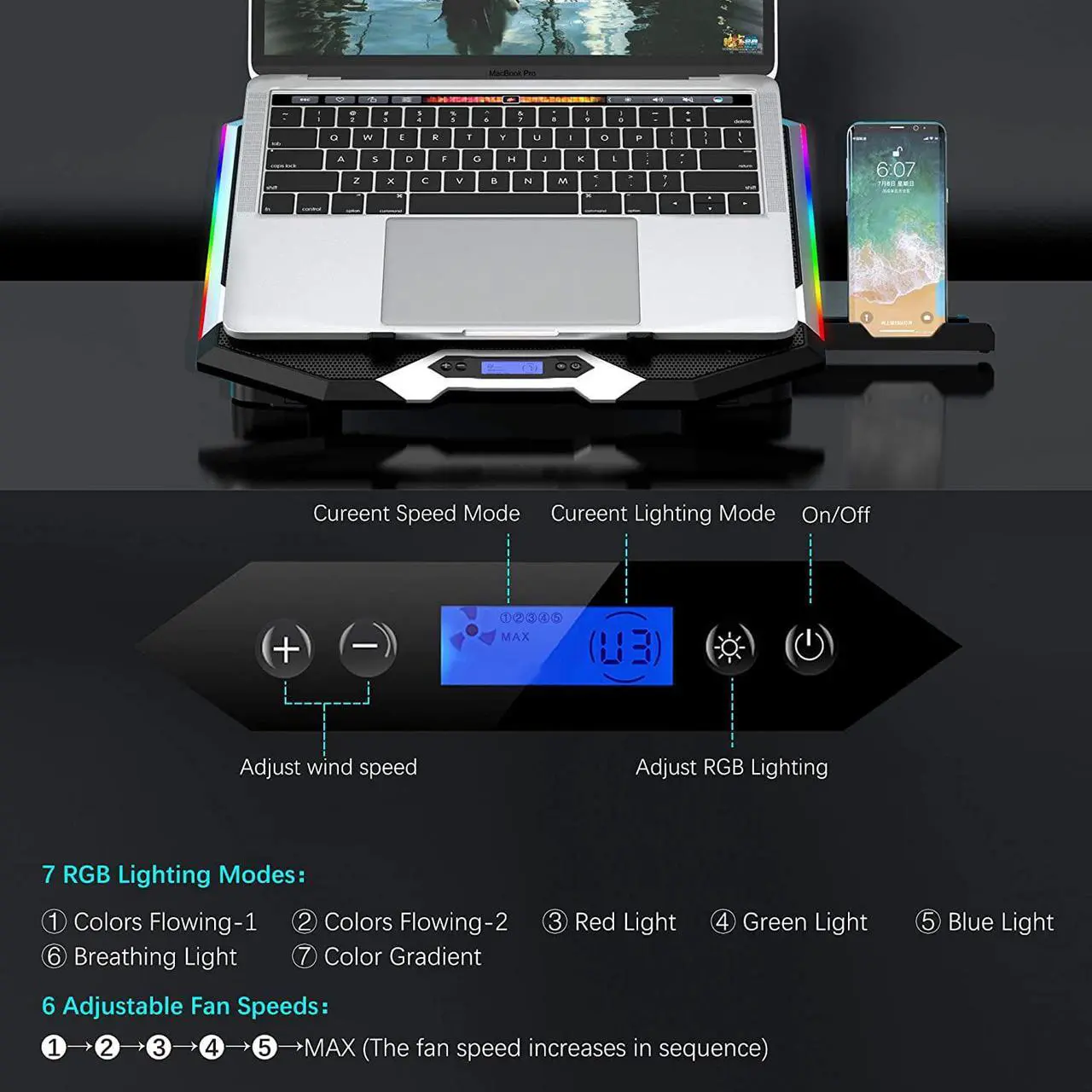 Alt view image 5 of 6 - RGB Gaming Notebook Cooler, Laptop Fan Stand Adjustable Height with 6 Quiet Fans and Phone Holder, Computer Chill Mat, for 15.6-17.3 Inch Laptops - Blue LED Light