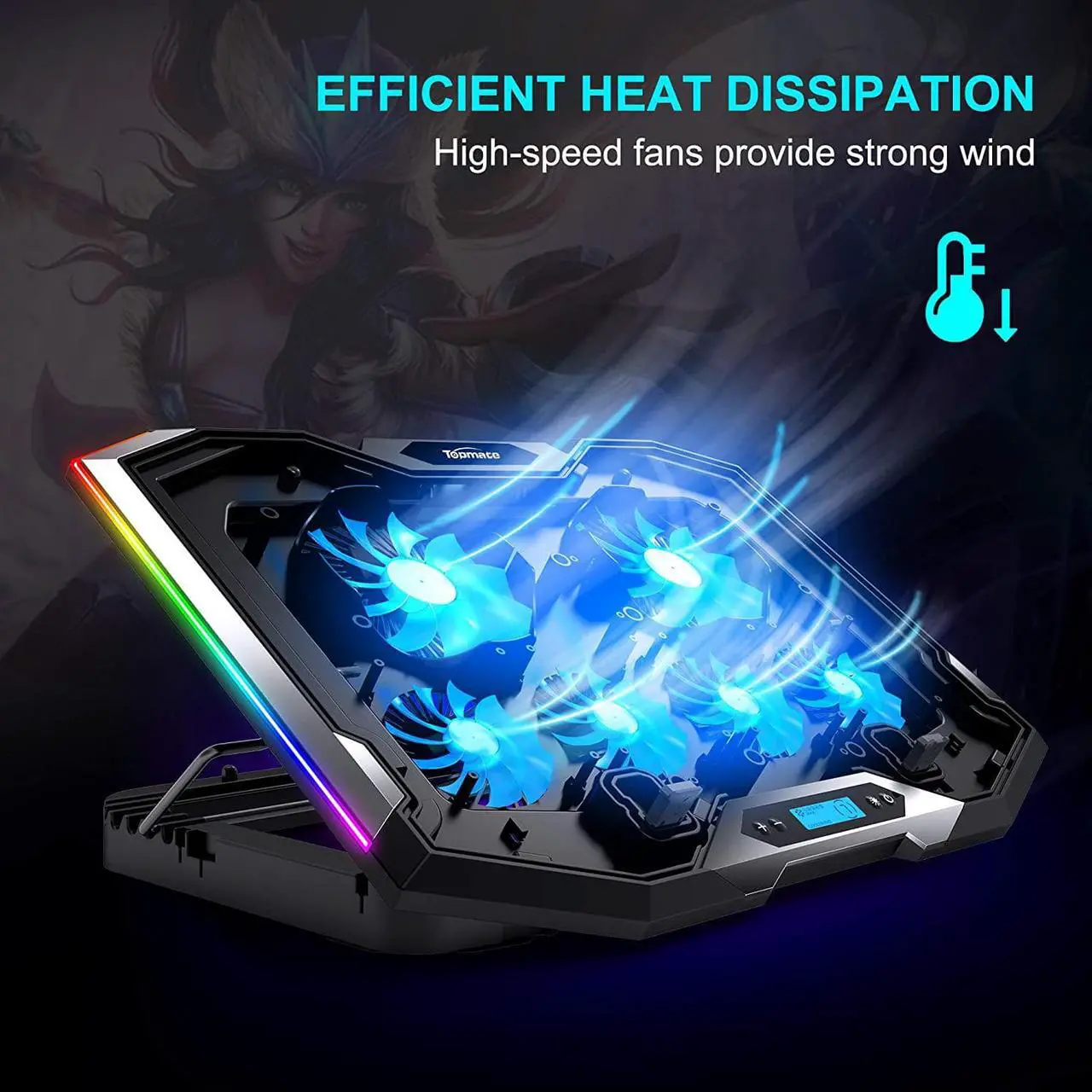 Alt view image 2 of 6 - RGB Gaming Notebook Cooler, Laptop Fan Stand Adjustable Height with 6 Quiet Fans and Phone Holder, Computer Chill Mat, for 15.6-17.3 Inch Laptops - Blue LED Light
