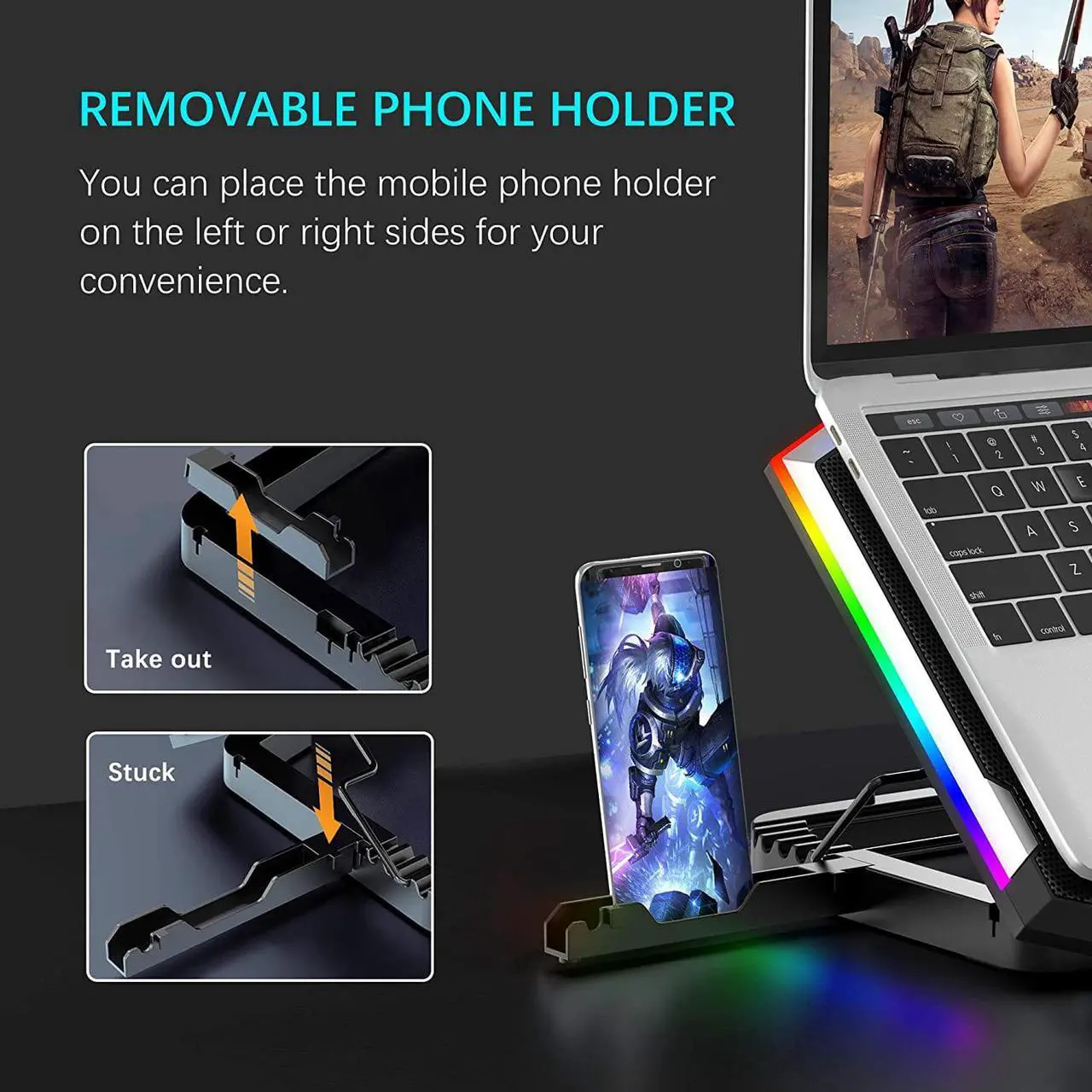 Alt view image 6 of 6 - RGB Gaming Notebook Cooler, Laptop Fan Stand Adjustable Height with 6 Quiet Fans and Phone Holder, Computer Chill Mat, for 15.6-17.3 Inch Laptops - Blue LED Light