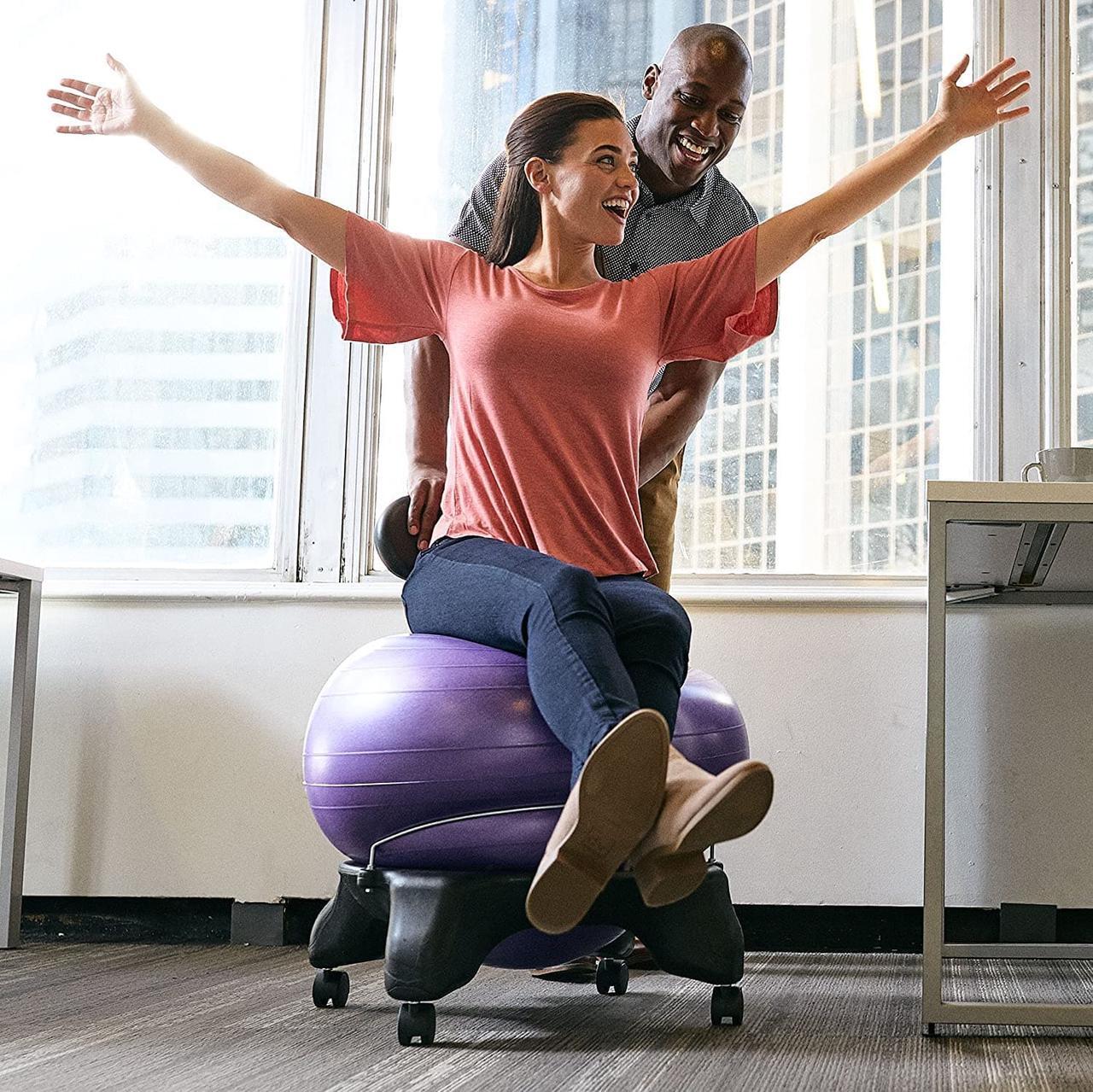 Alt view image 5 of 7 - Classic Balance Ball Chair  Exercise Stability Yoga Ball Premium Ergonomic Chair for Home and Office Desk with Air Pump, Exercise Guide and Satisfaction Guarantee
