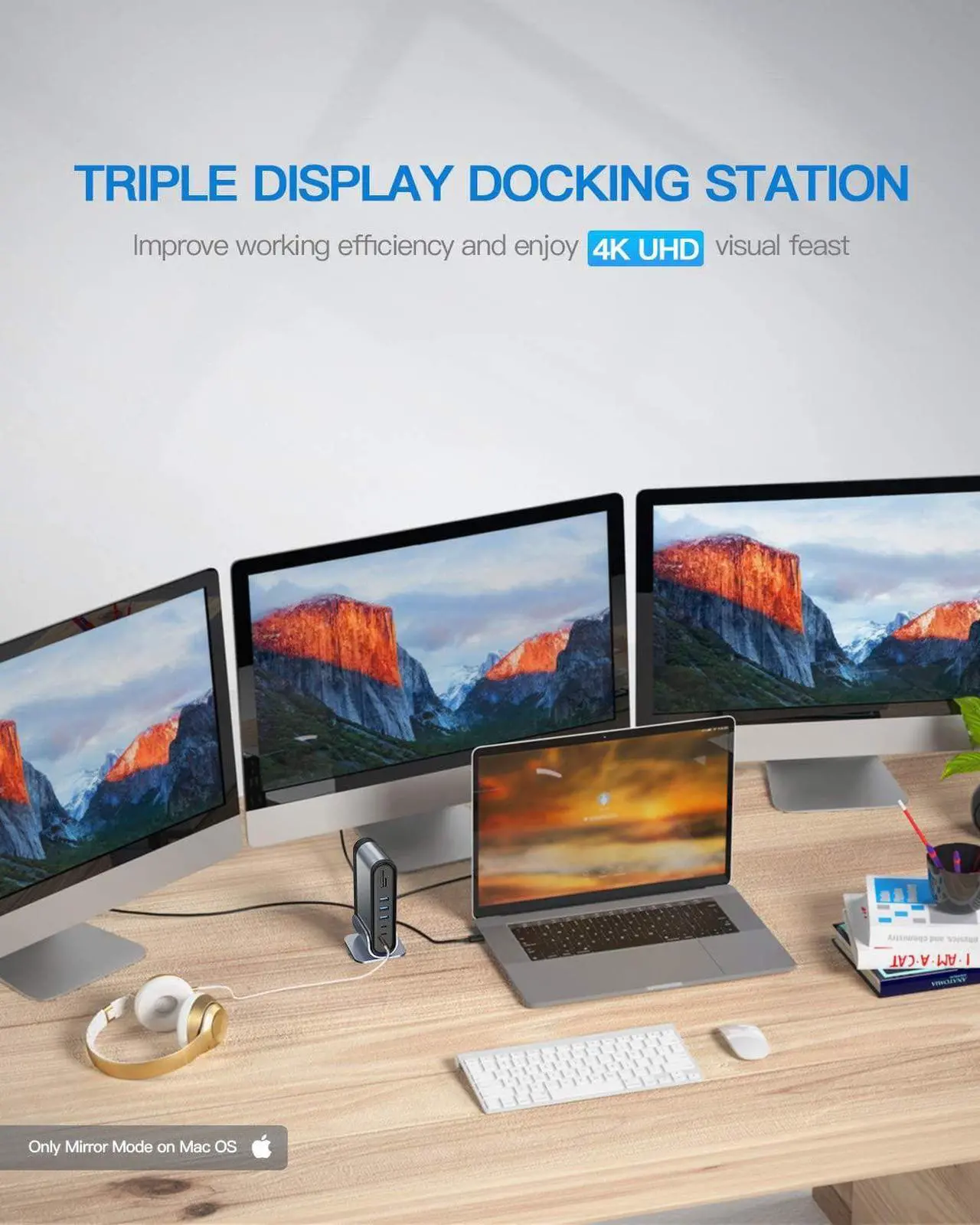 Alt view image 2 of 7 - USB-C 4K Triple Display Docking Station, USB C Dock Universal Docking Station with 3 HDMI 4K, Audio, Ethernet, 5 USB Ports, 100W USB-C PD, SD/TF Card Reader for Windows, PC, Mac, Laptops