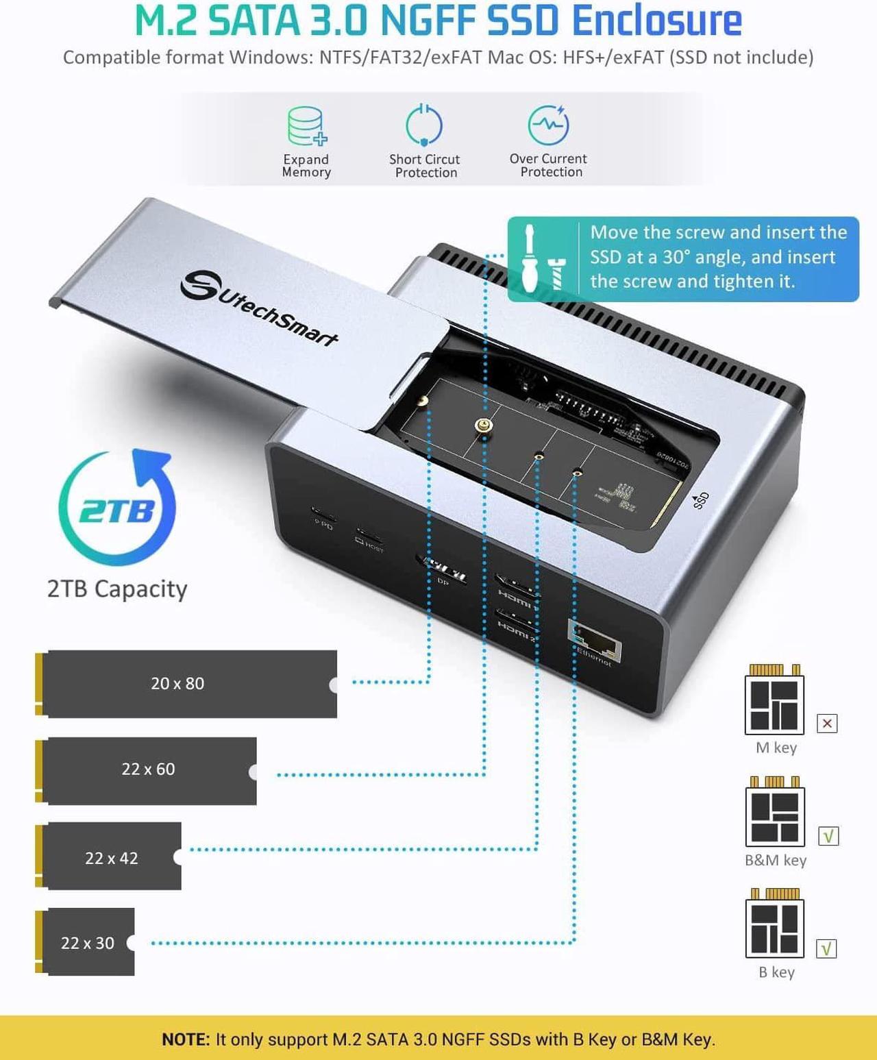 Alt view image 6 of 7 - Docking Station, UtechSmart 15 in 1 Full Quadruple Display USB C Docking Station,Compatible with macOS&Windows,Thunderbolt 3 Dock with SSD Enclosure (2HDMI,DP, PD3.0,SD/TF,RJ45,Audio&Micro,USB Ports)