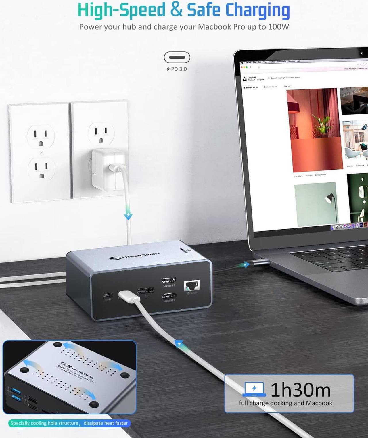 Alt view image 2 of 7 - Docking Station, UtechSmart 15 in 1 Full Quadruple Display USB C Docking Station,Compatible with macOS&Windows,Thunderbolt 3 Dock with SSD Enclosure (2HDMI,DP, PD3.0,SD/TF,RJ45,Audio&Micro,USB Ports)