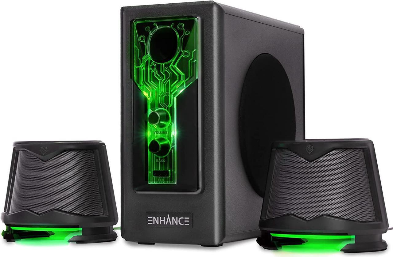 Main image of SB 2.1 Computer Speakers with Subwoofer - Red LED Gaming Speakers, High Excursion Sound System, AC Powered & 3.5mm, Volume and Bass Control, Compatible with Gaming PC, Desktop, Laptop Green/Black