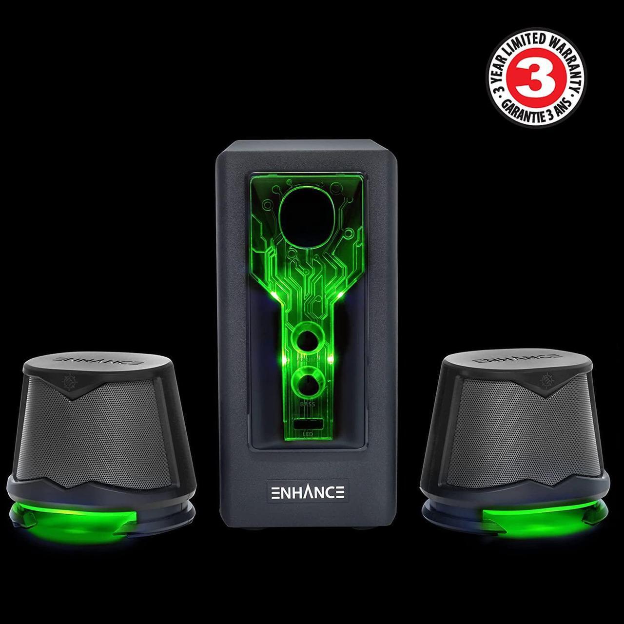Alt view image 2 of 7 - SB 2.1 Computer Speakers with Subwoofer - Red LED Gaming Speakers, High Excursion Sound System, AC Powered & 3.5mm, Volume and Bass Control, Compatible with Gaming PC, Desktop, Laptop Green/Black
